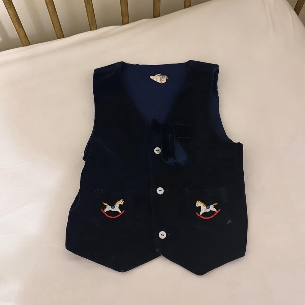 Vintage mini togs velvet navy blue vest with rocking horses and bow tie